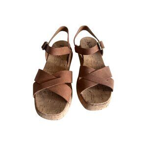 Korks Womens Leather Cork Wedge Sandals Adjustable Straps - Brown SIze 7 Comfort